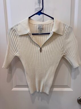 a new day Ribbed Zip Polo Top - Off-White